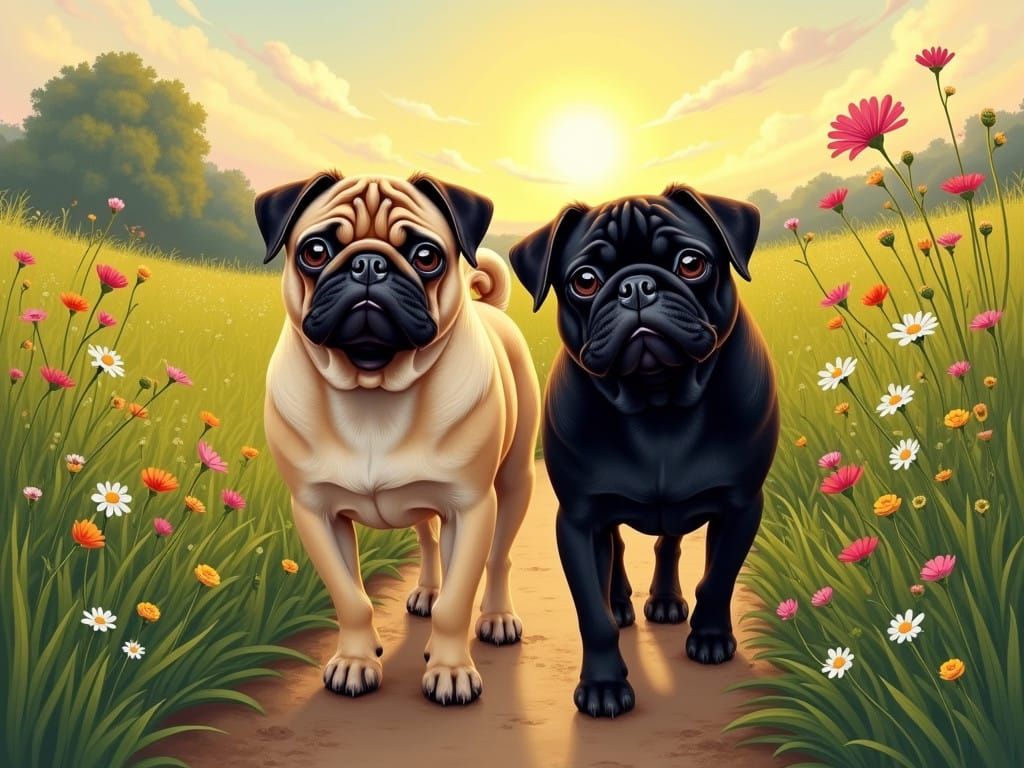 Two Pugs Strolling Through a Vibrant Wildflower Meadow at Su...