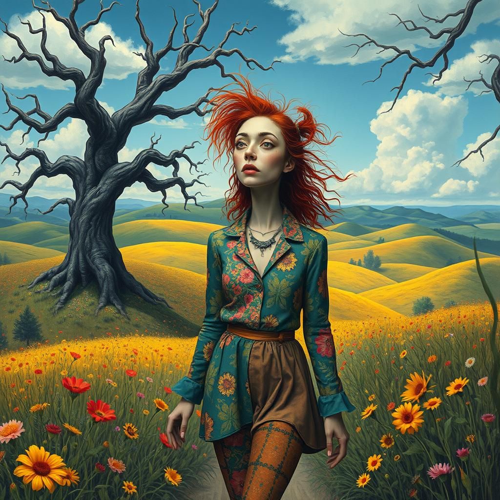 Surreal Woman in Dreamlike Valley, Psychedelic Art