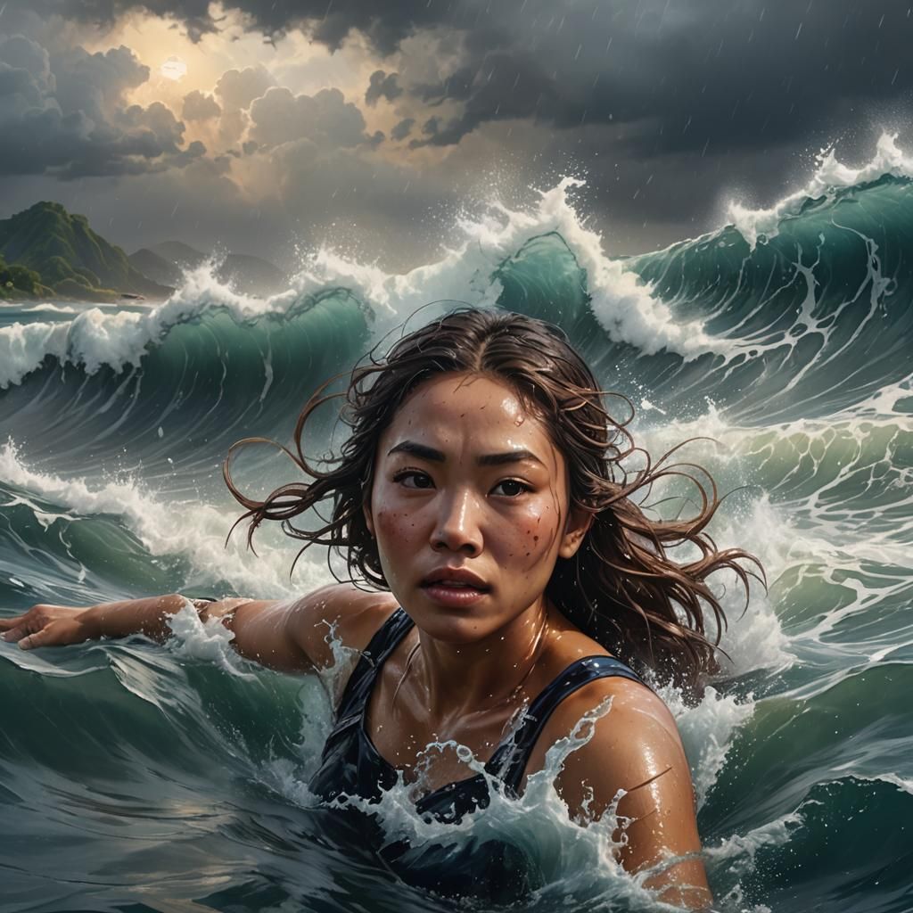 Filipina Swimmer in Stormy Ocean: Hyperrealistic Splash Art