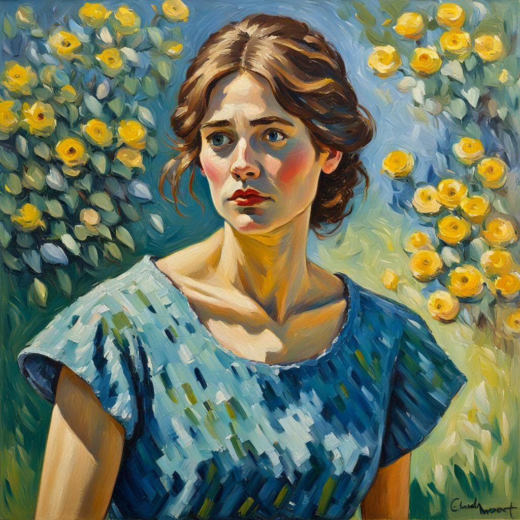 Woman in Blue Dress, Neo-Impressionist Oil Painting