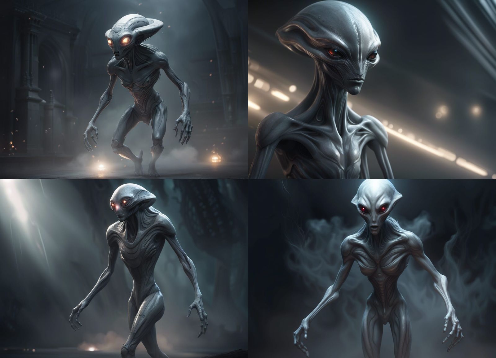 Scary Gray Alien in Smoky, Futuristic Scene