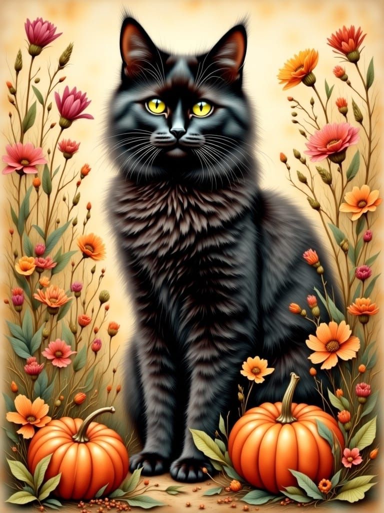 Black Cat Among Autumn Wildflowers in Watercolor Style