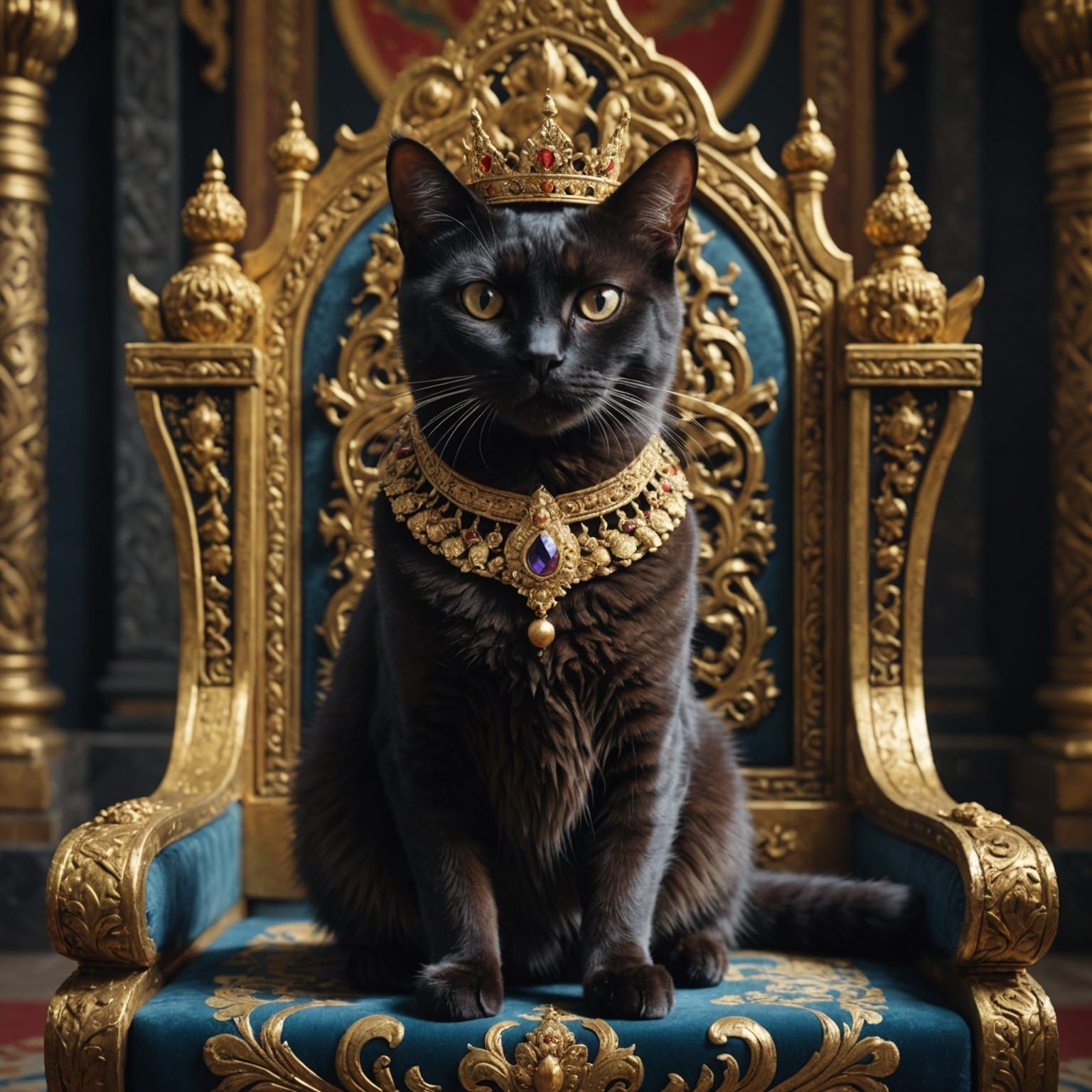 Crowned Thai Cat on Throne in Palace