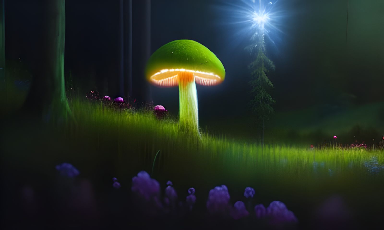 Glowing Mushroom Scene with Fireflies and Cinematic Lighting
