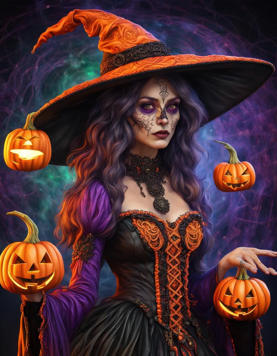 Intricate Halloween Witch in Radiant Fantasy Art