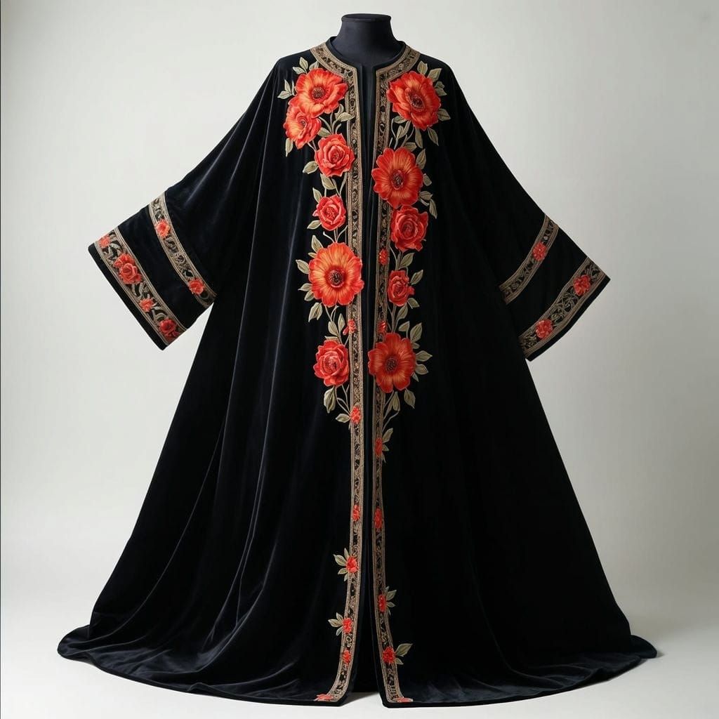 Elegant Black Velvet Abaya with Floral Embroidery