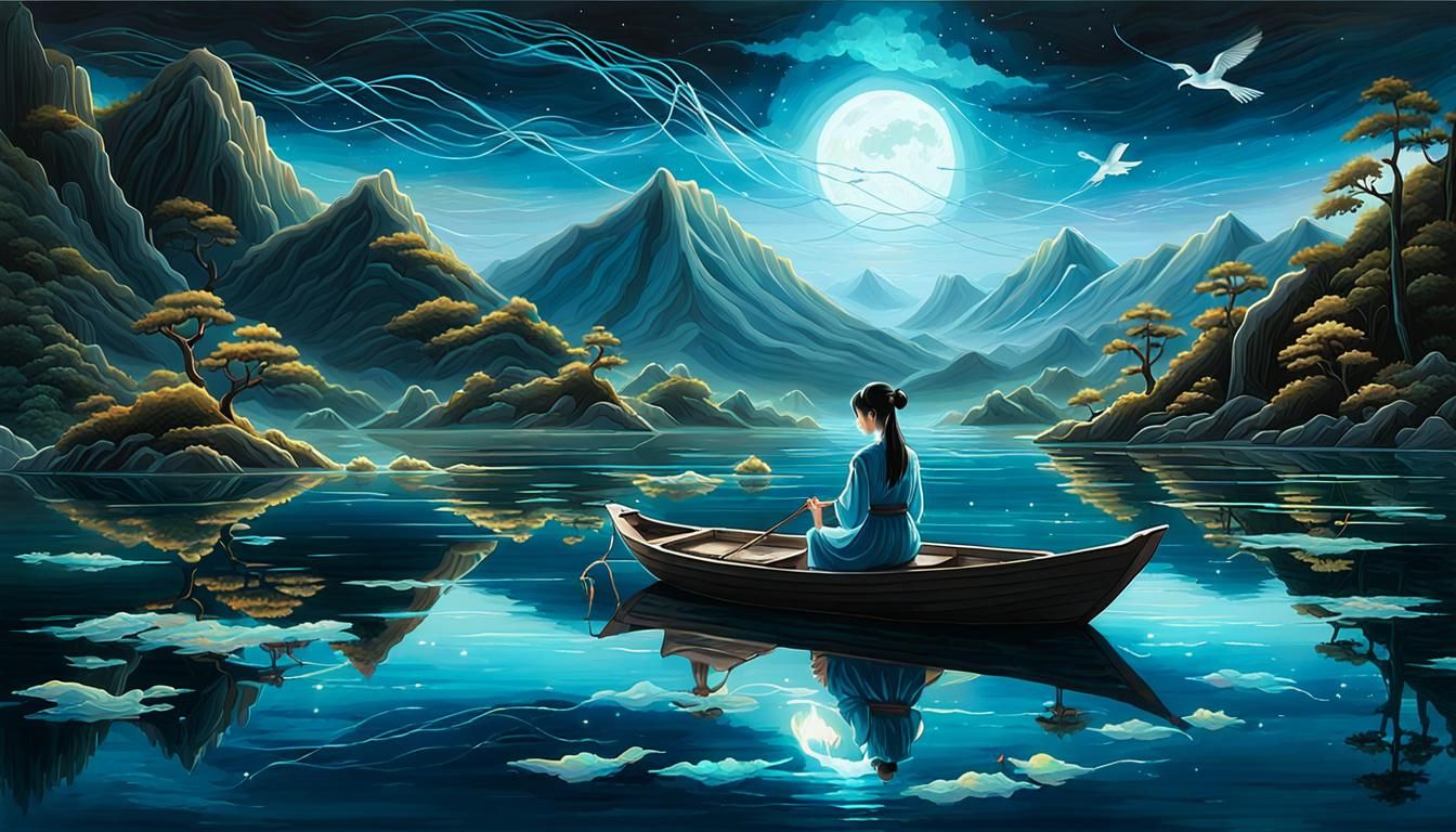 Japanese Beauty with Bioluminescent Bird, Impasto Oil Painti...