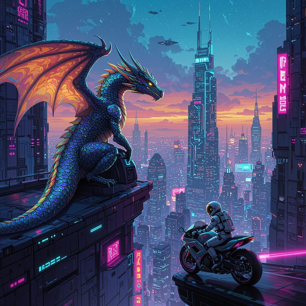 Cyberpunk Dragon Perched Atop Skyscraper