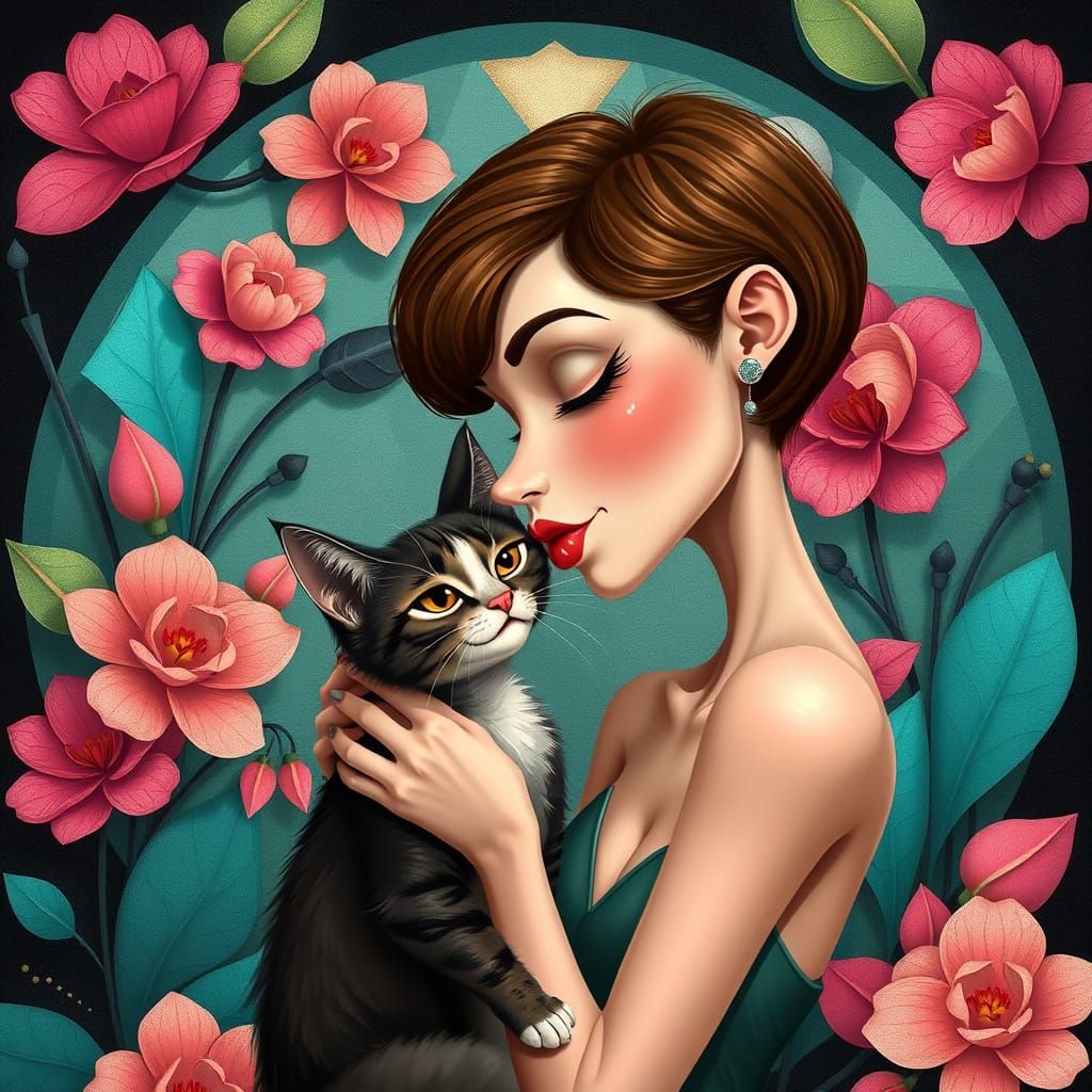 Art Deco Style Woman Kisses Cat in Whimsical Cubist Scene