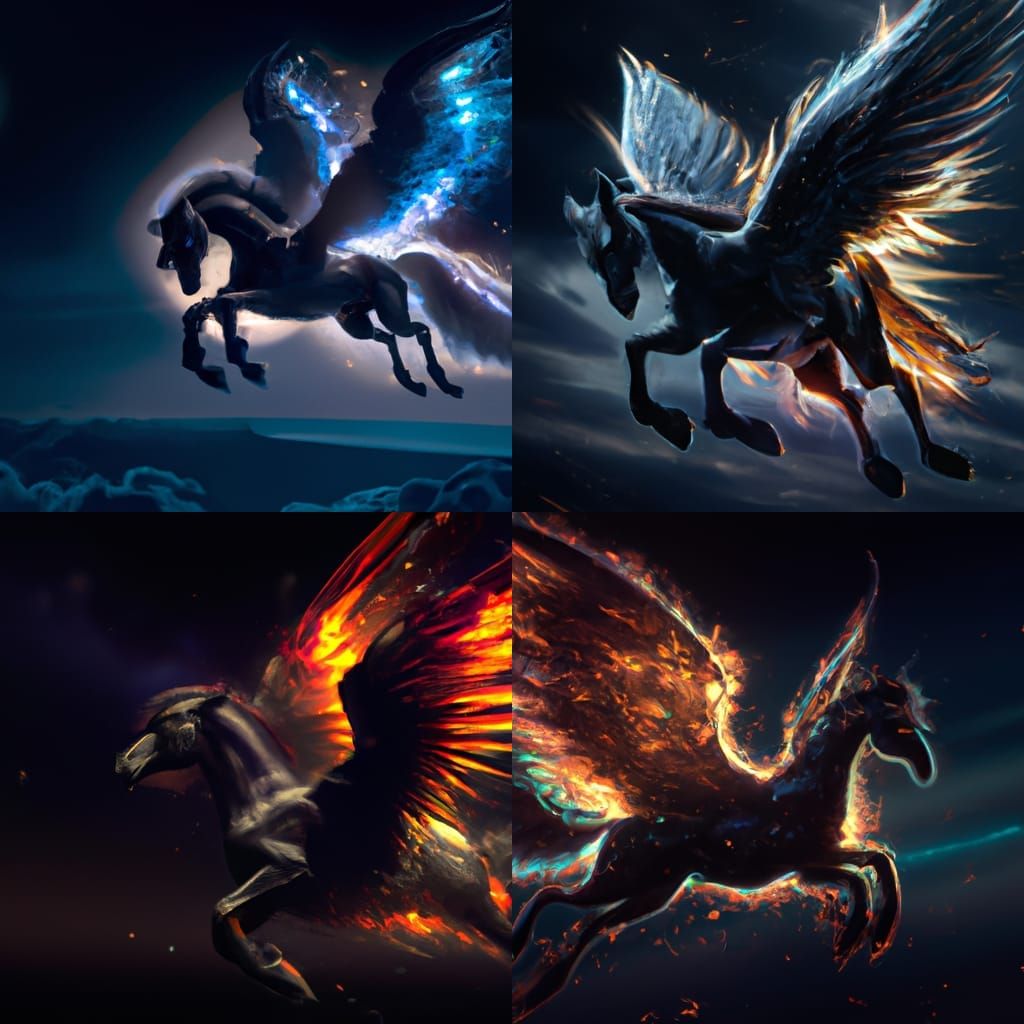Fiery Black Pegasus in Dark Fantasy Night