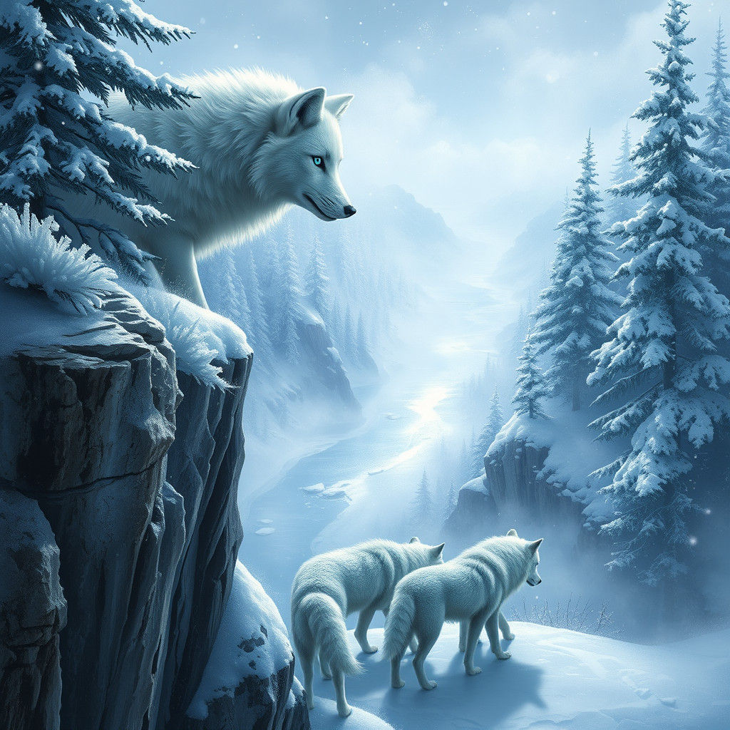 Snowy White Fox Overlooking Winter Wonderland