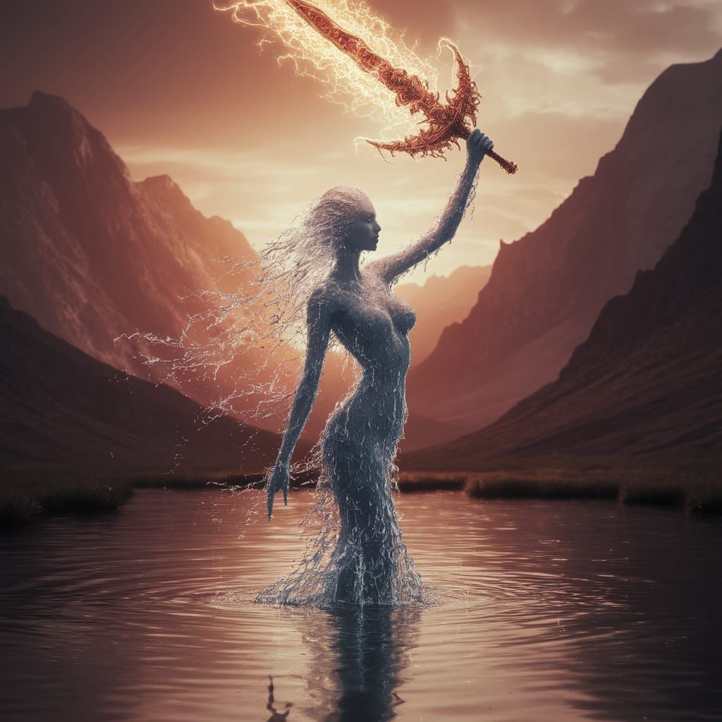 Ethereal Water Goddess in Shimmering Pond with Glowing Sword