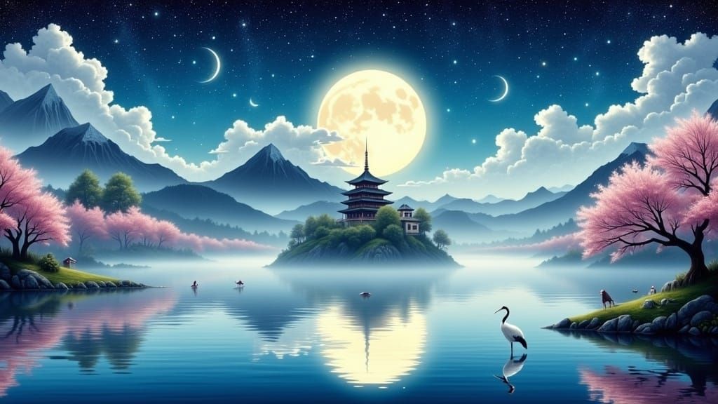 Majestic Japanese Lake Scene in Dreamy Hyperreal Style