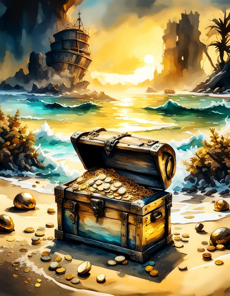 Sunrise Treasure Island in Watercolor Splash Art