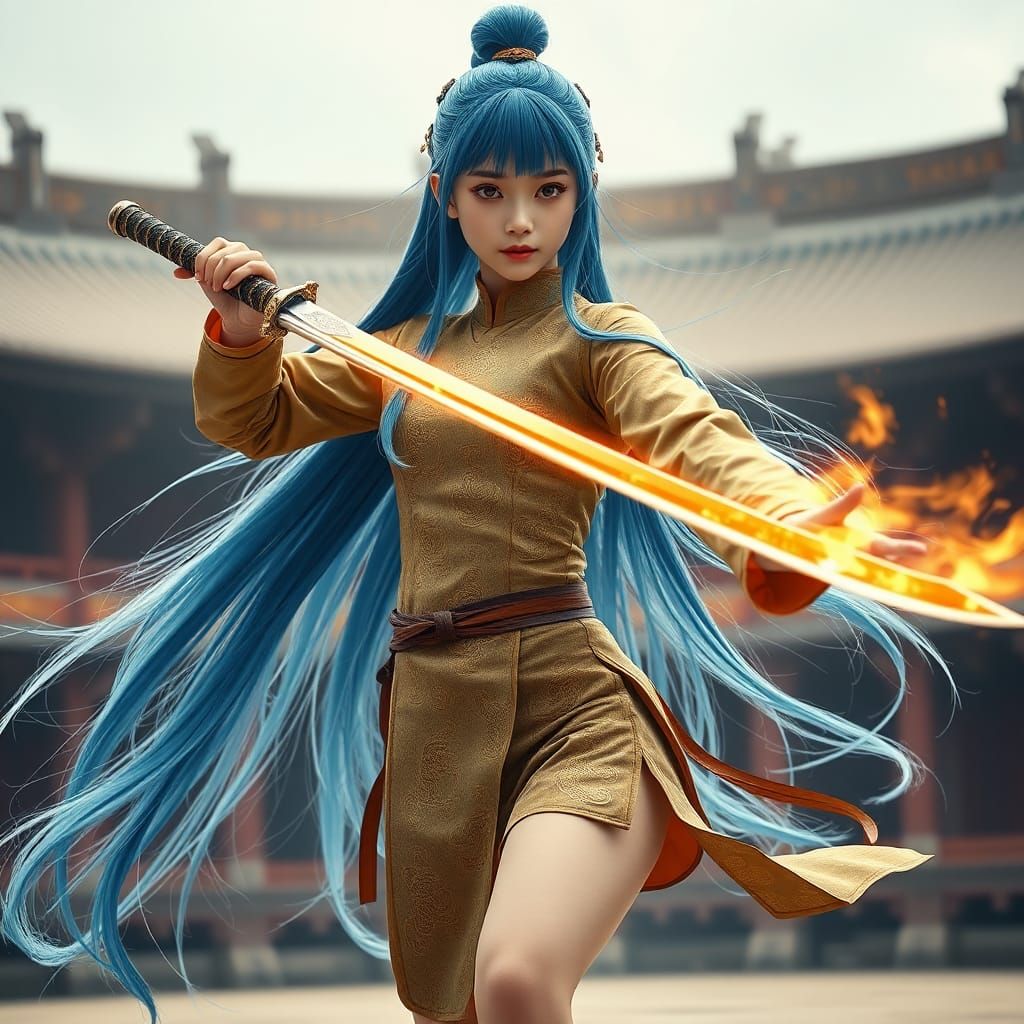 Blue-Haired Girl Sword Dancing in Martial Arts Arena