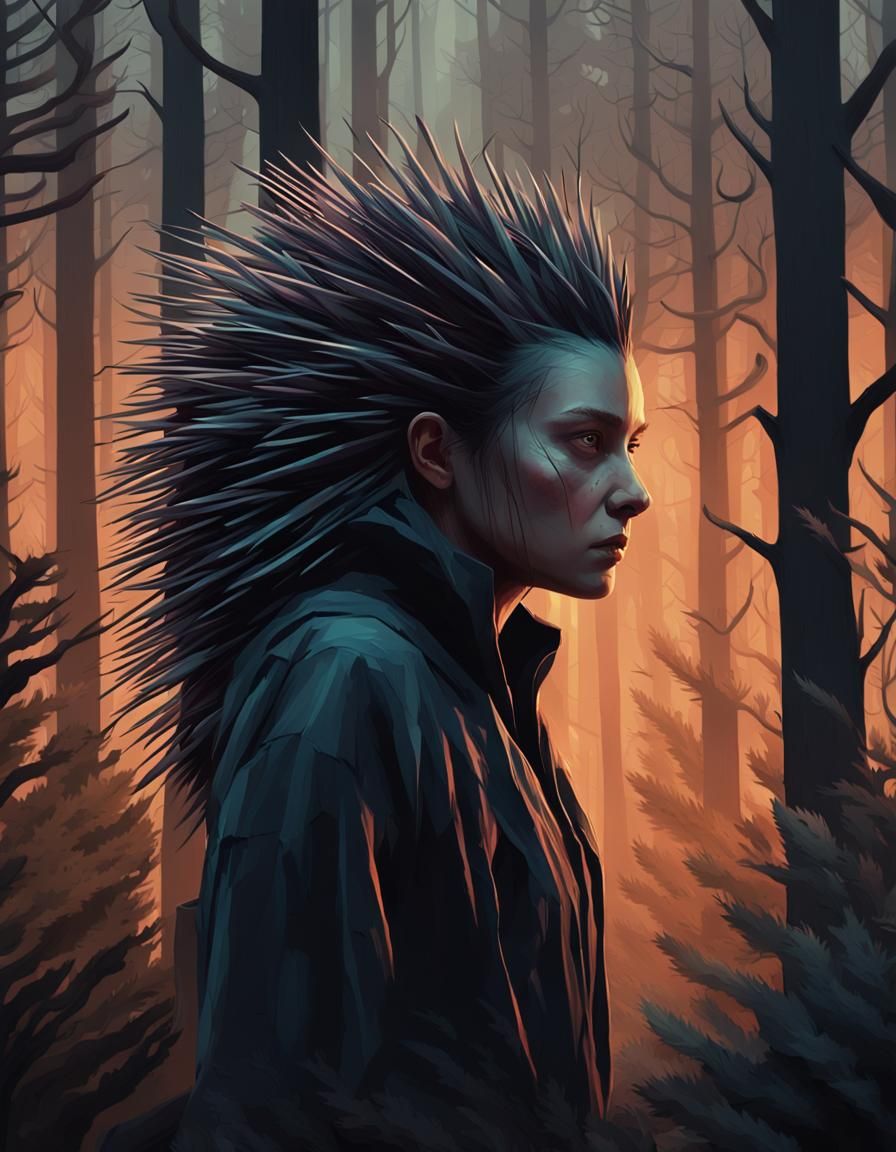 Porcupine-Woman in Shadowy Forest: Hyperrealistic Digital Ar...