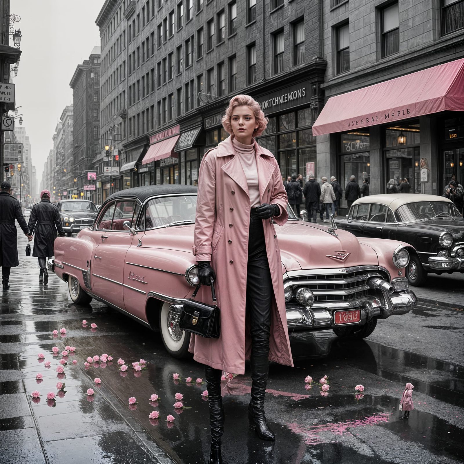 Pink Cadillac in Grayscale City with Noir Accents