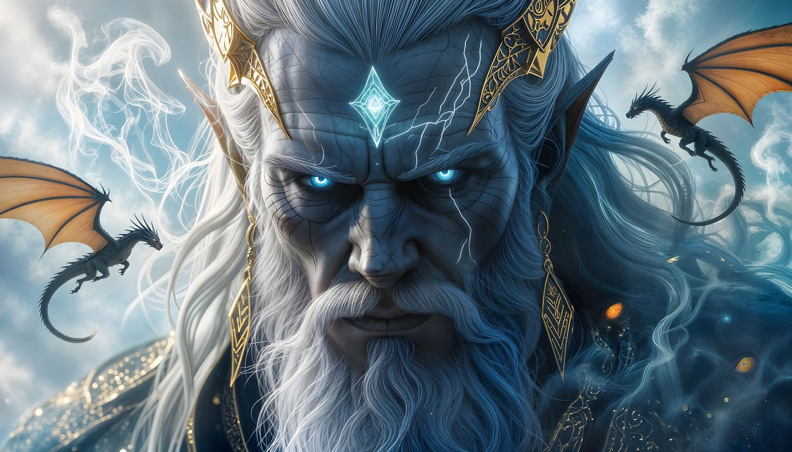 Cosmic Entity Kaethar Vorn with Blue Eyes and Gold Veins