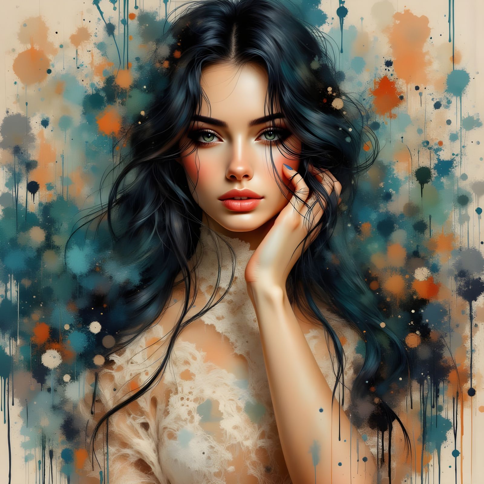 Art Nouveau Portrait: Wet Hair Woman in Lace Dress