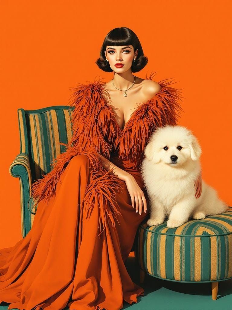Elegant Woman in Orange Gown with Dog, Art Deco Style