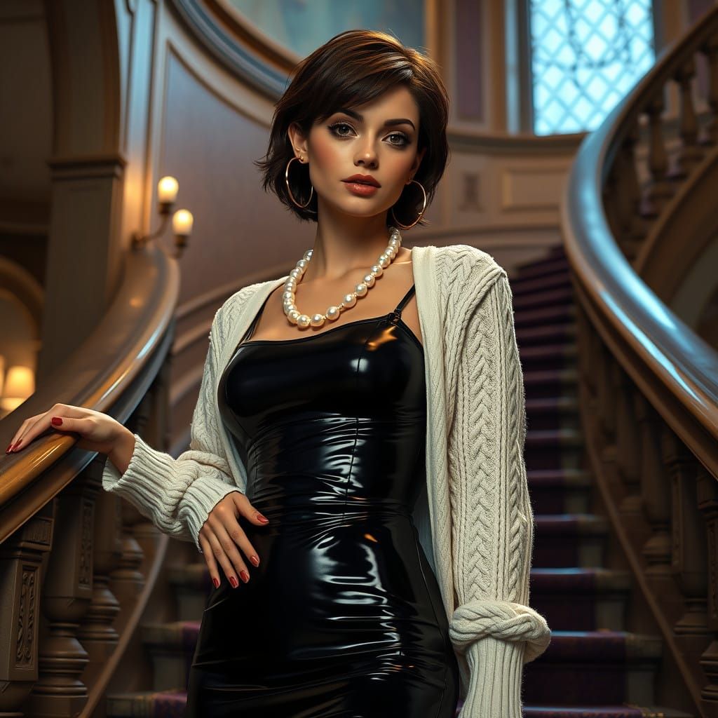 Dark Fantasy Brunette Goddess Ascends Grand Stairway