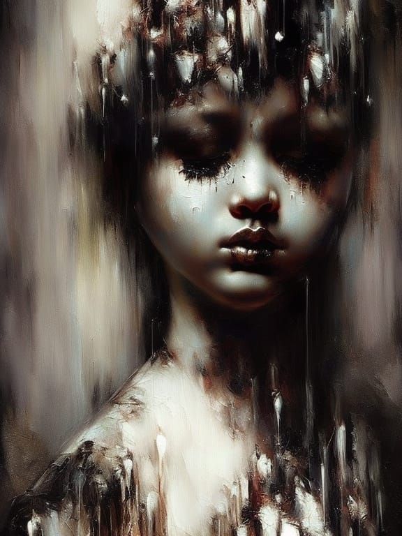 Creepy Porcelain Doll Crying Black Tears: Digital Art