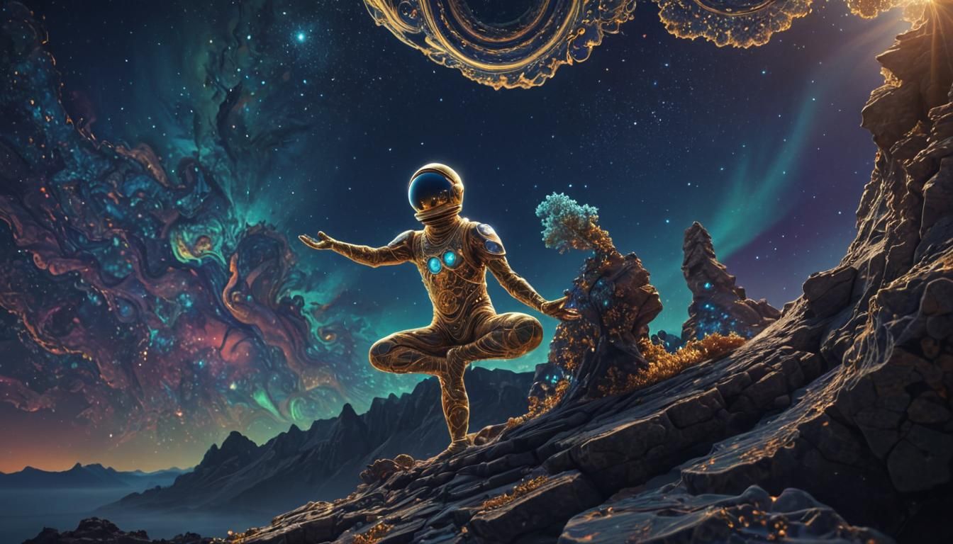 Astronaut Yoga in Abstract Fractal Art Landscape