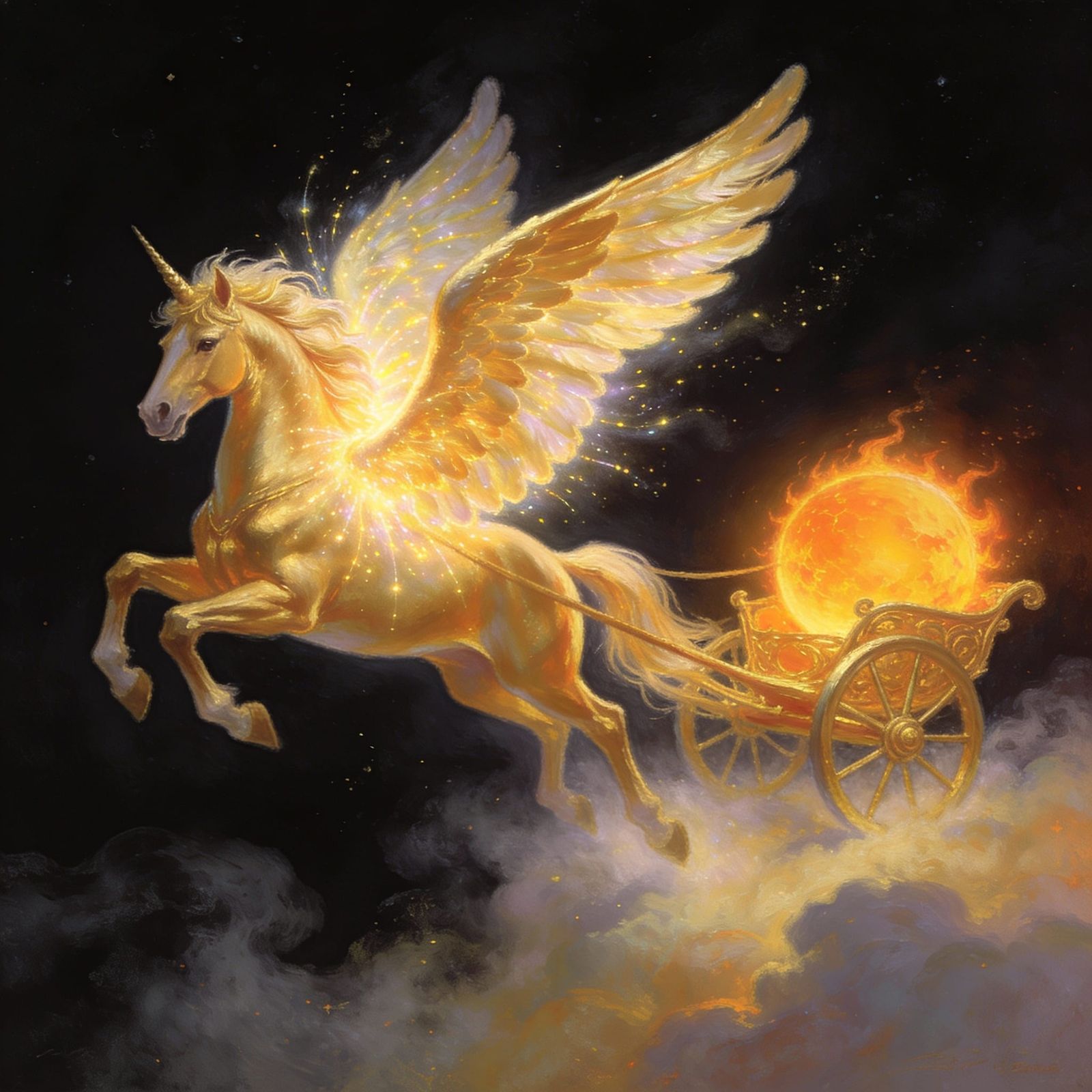 Golden Pegasus Pulls Sun Chariot Across Night Sky