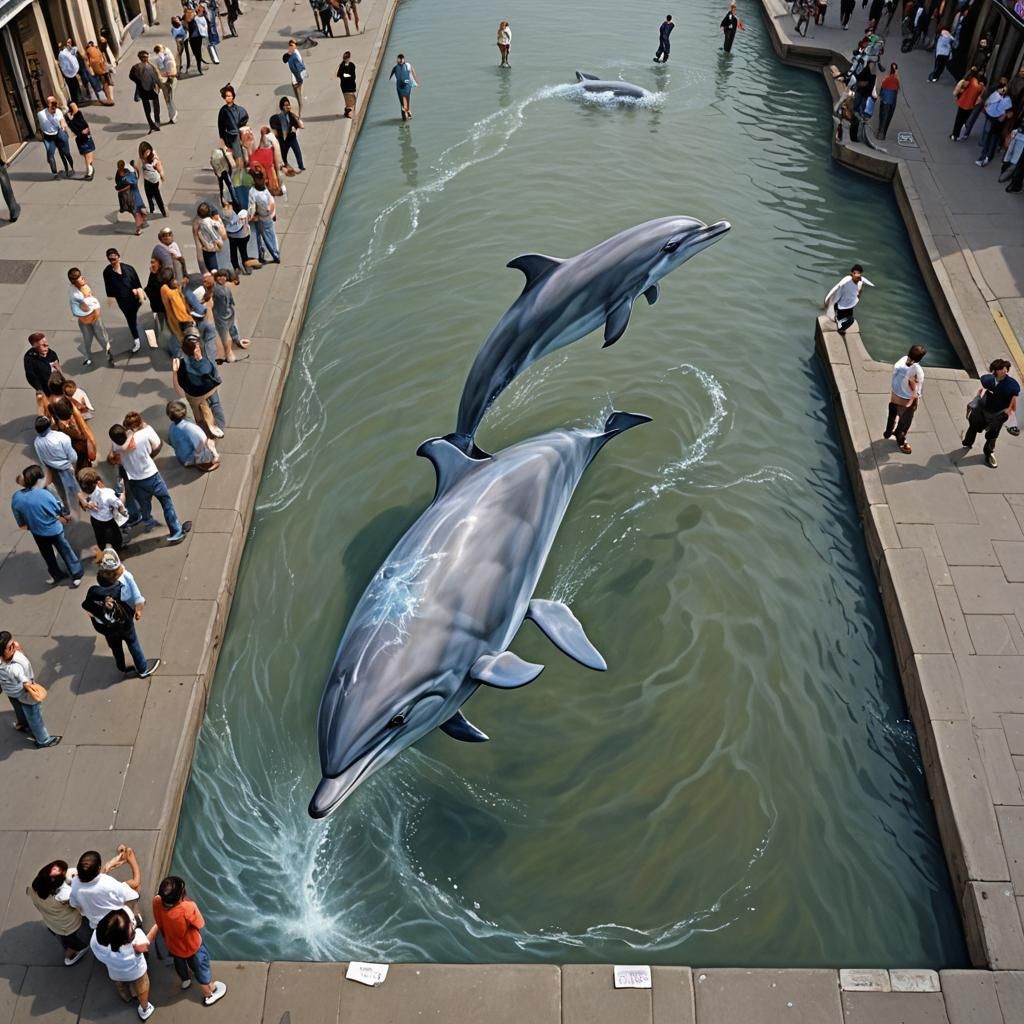 Surreal Chalk Street Art of Leaping Dolphin