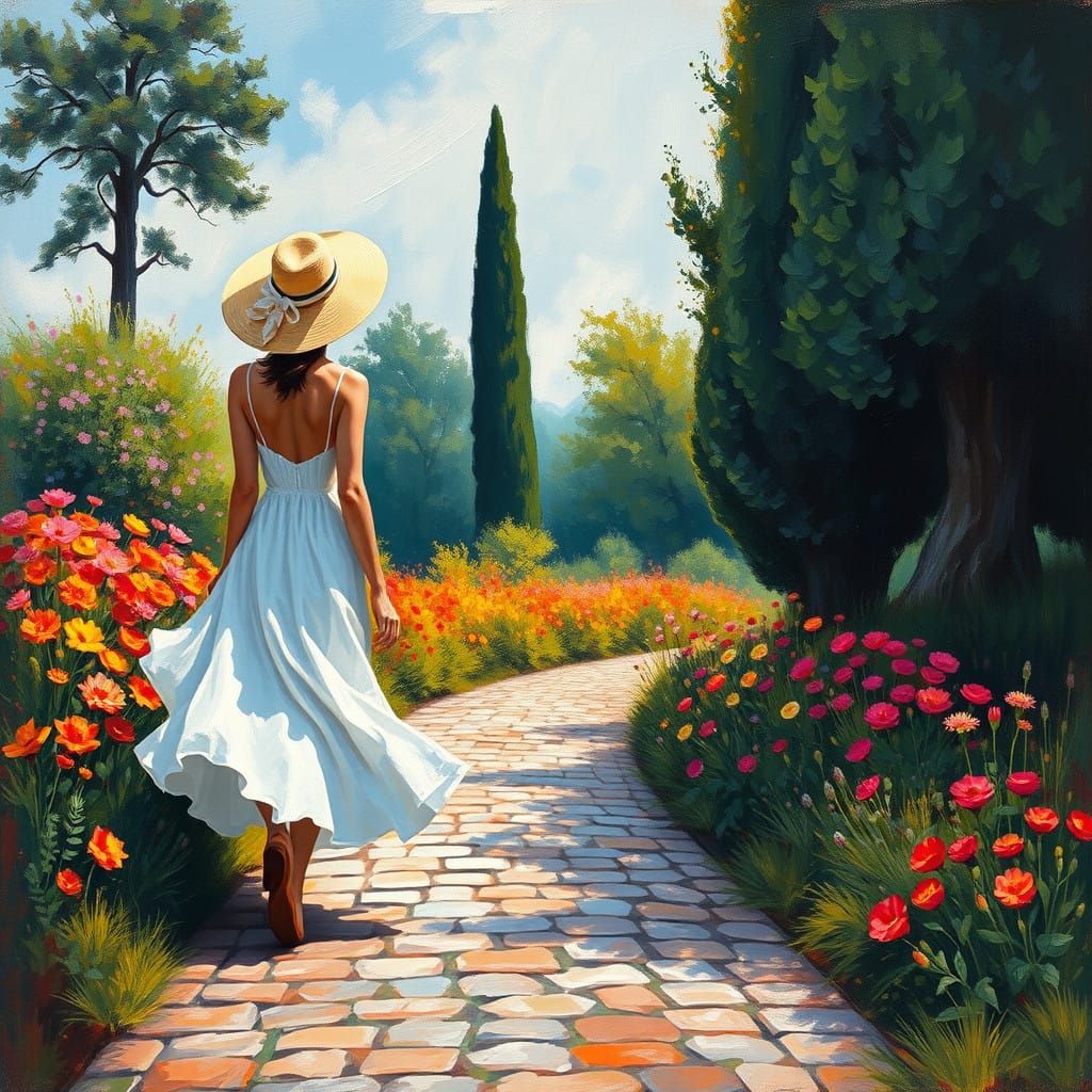 Woman Strolling through Vibrant Wildflowers in Expressive Oi...