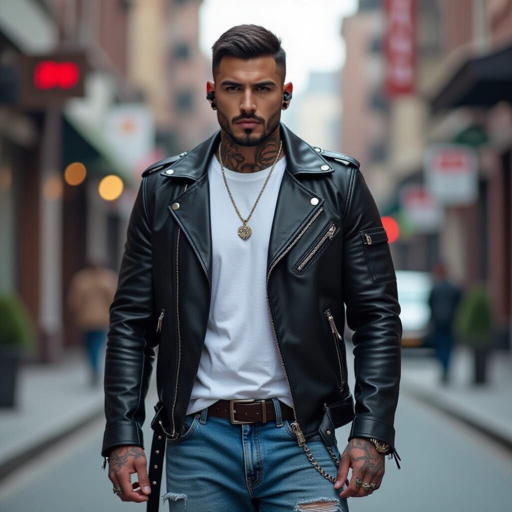 Arab Biker Man with Tribal Tattoos in Urban Grit