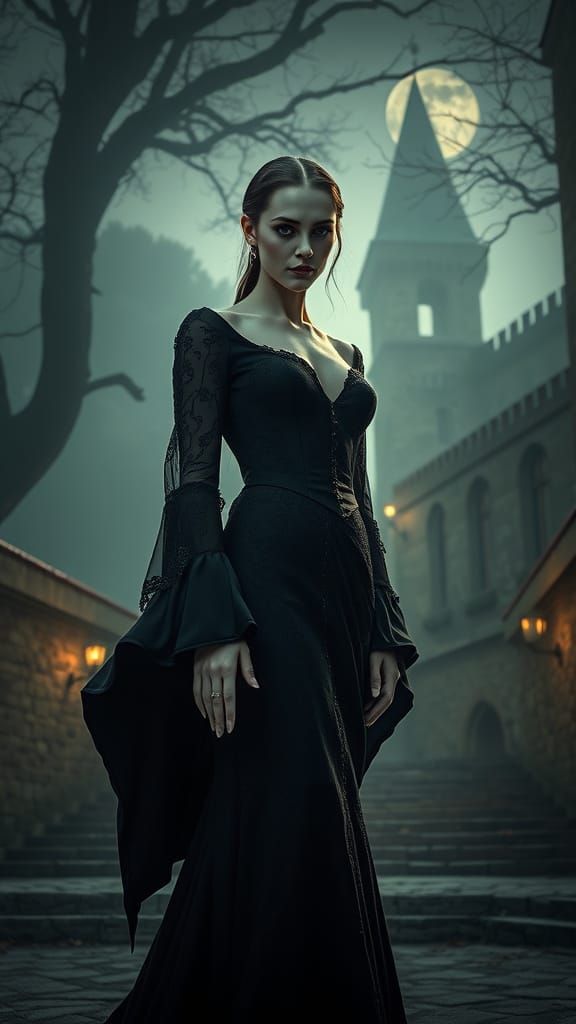Dark Vampire Woman in Medieval Castle Grounds