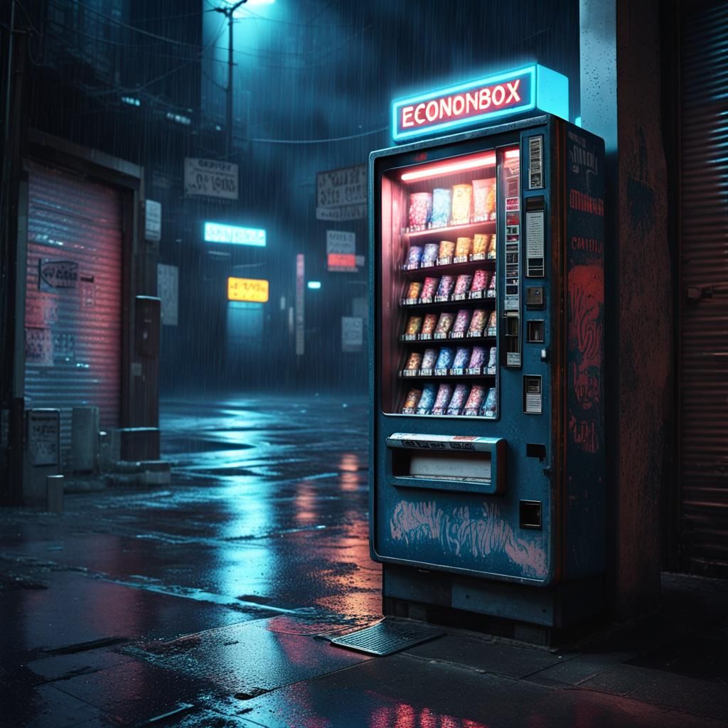Retrofuturistic Econobox Vending Machine in Rainy Alleyway