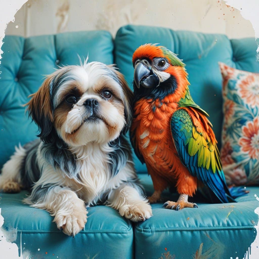 A portrait of a Shih Tzu and a red parrot