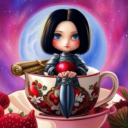 Samurai Alita in Strawberry Teacup, Hyperrealistic Romantici...