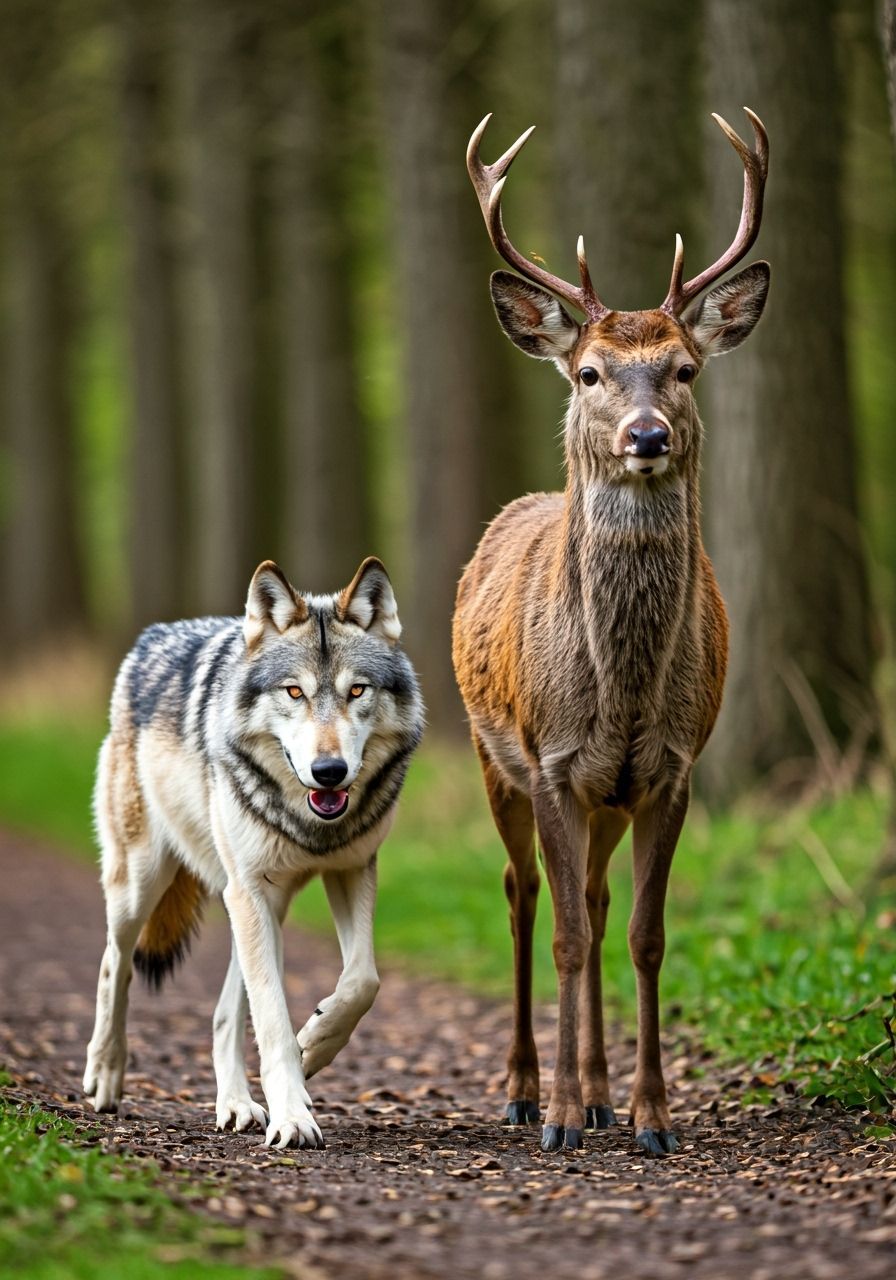 Wolf and Deer Friends on Woodland Path