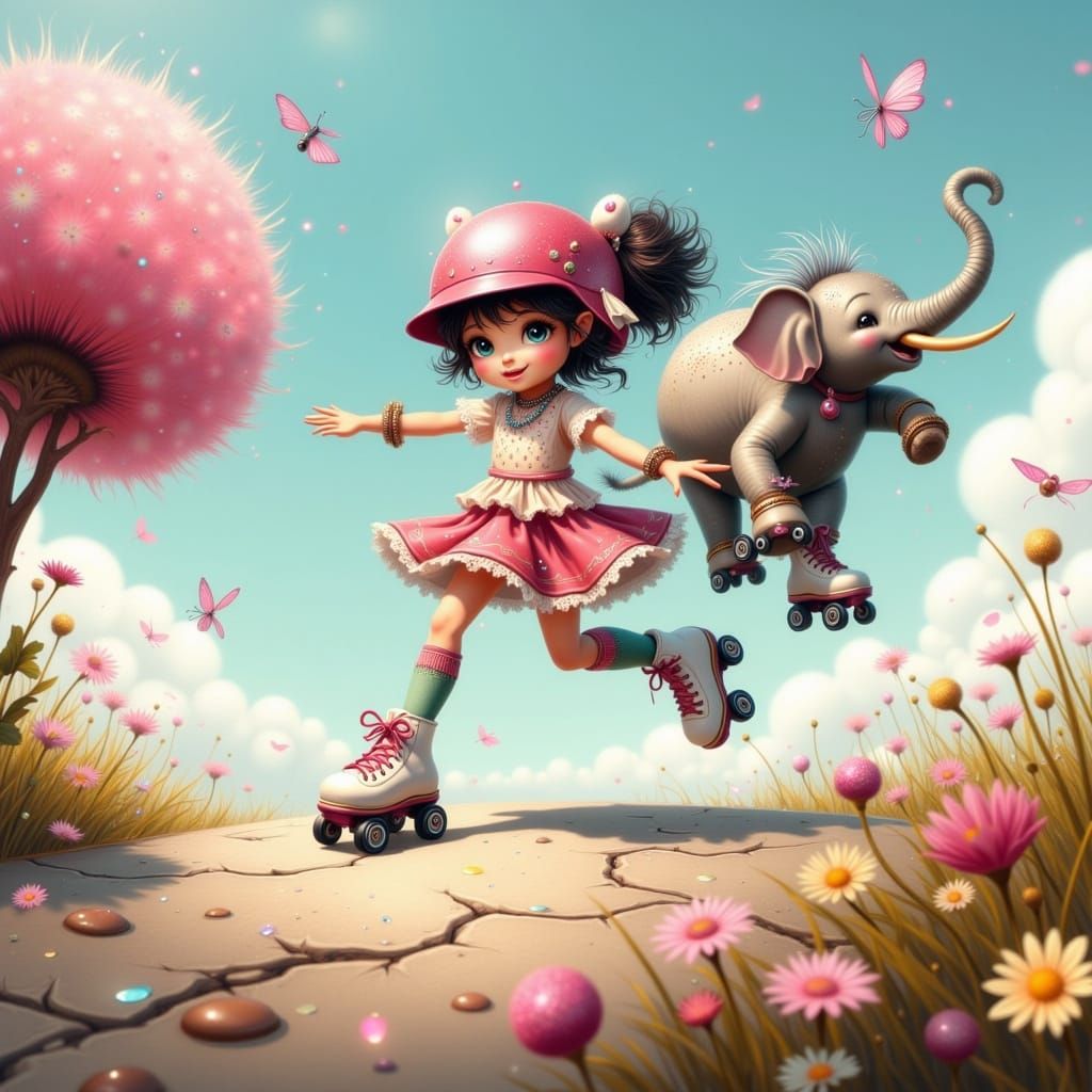 Whimsical Fae Girl Roller Skates with Tiny Elephant Friend i...