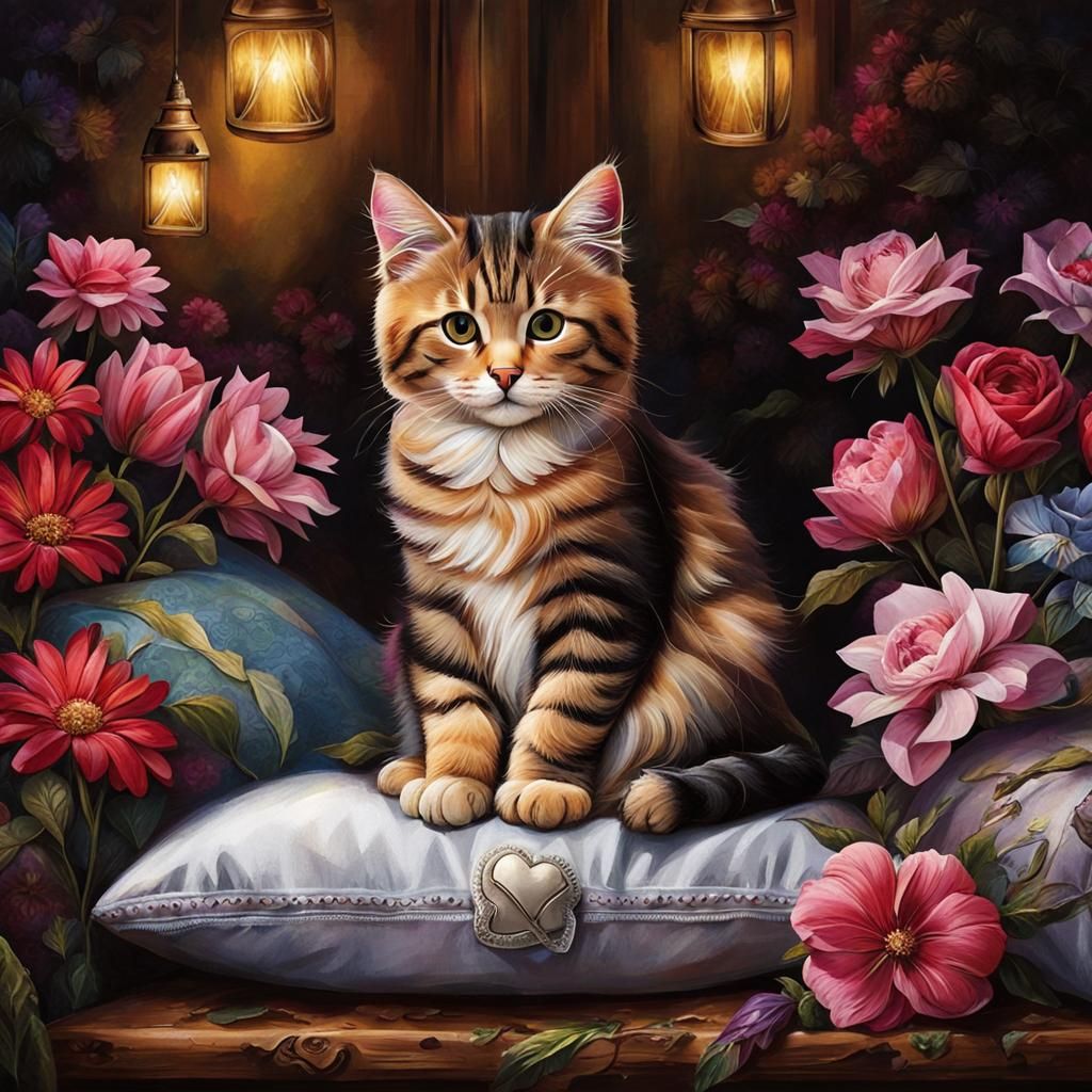 Cute Cat Surrounded by Flowers in Fantasy Art Style