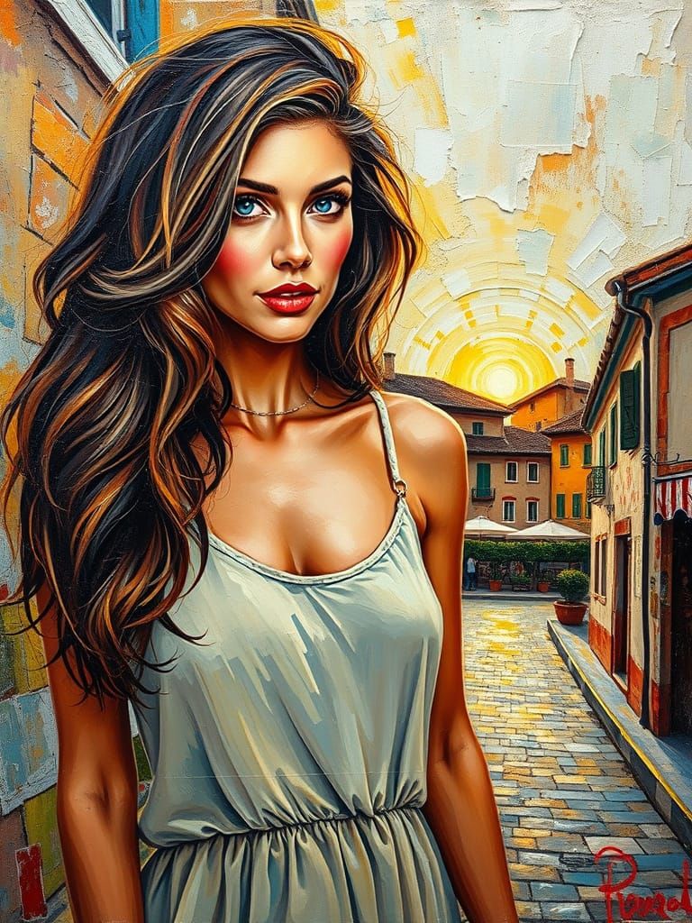 Raquel Welch in Italian Village as Impasto Painting