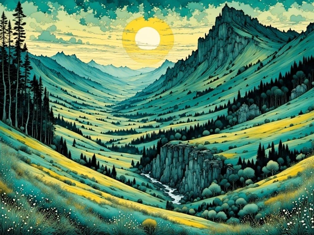 Surreal Evening Landscape in Dreamlike World