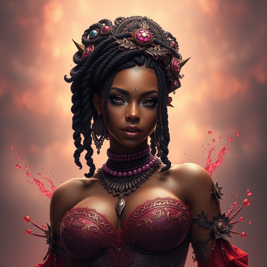 Regal Brown Sugar Goddess in Vibrant Fantasy Landscape