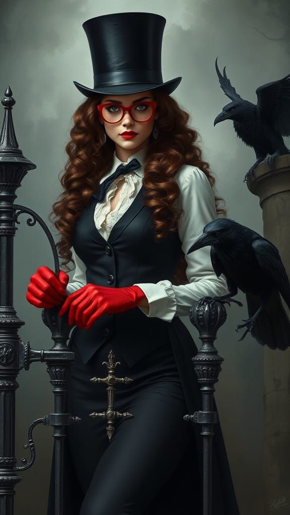 Victorian Woman Polishing Iron Maiden in Dark Whimsical Styl...