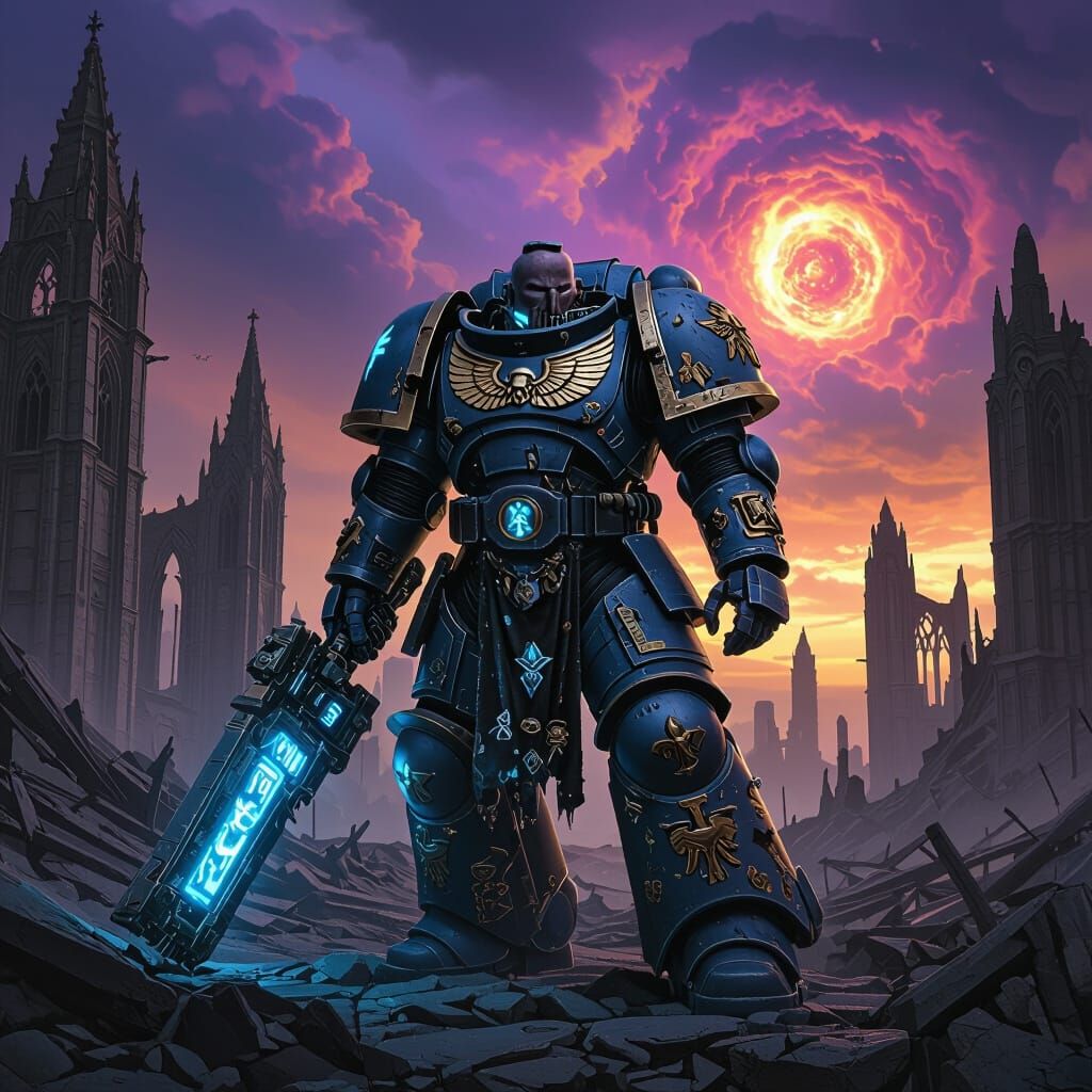 Space Marine Stands Guard in Ruined Cathedral
