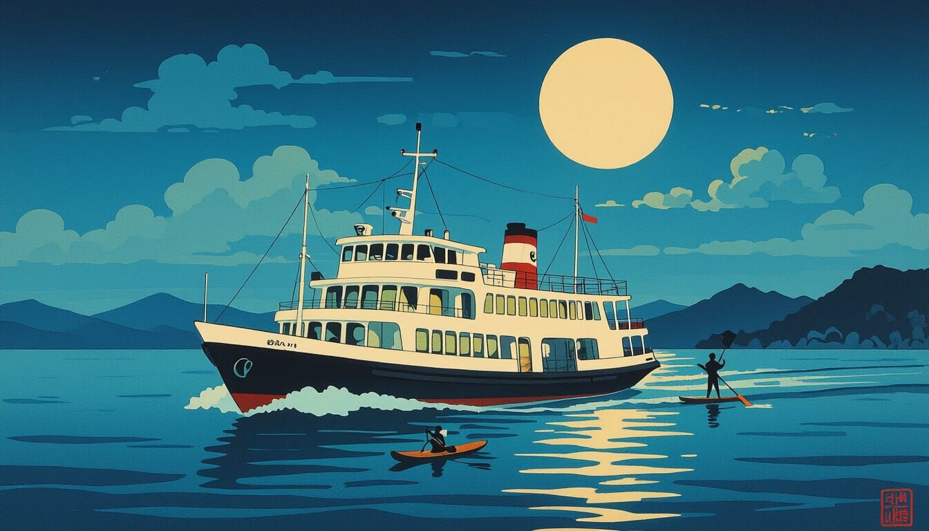 Moonlit Ferry in Japanese Woodblock Style