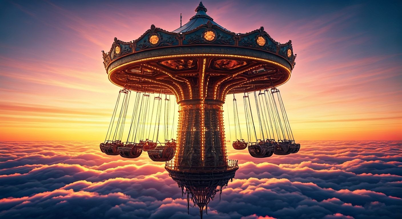 A steampunk-inspired carousel floats gently through the clou...