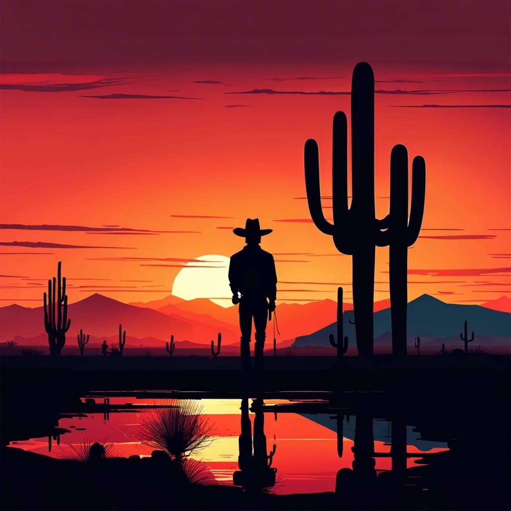 Minimalist Desert Sunset with Cowboy Silhouette