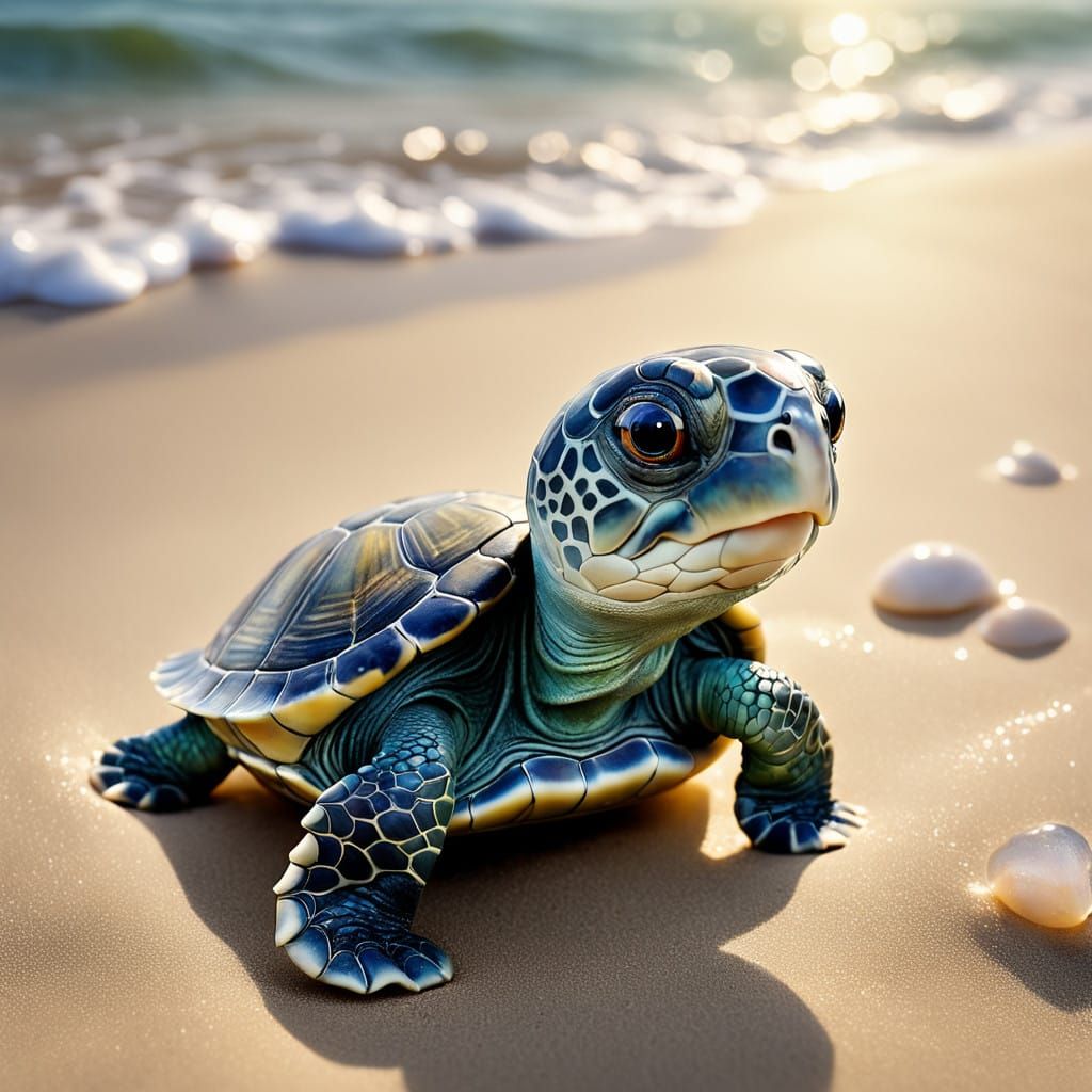 Whimsical Baby Turtle Emerges into Enchanted Ocean Scene