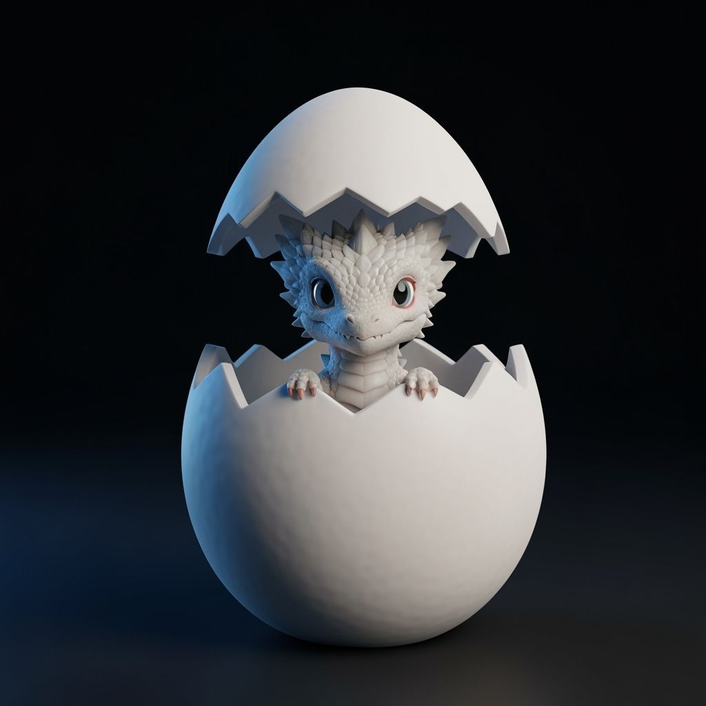Cute Baby Dragon Emerging from Egg, Fantasy Art