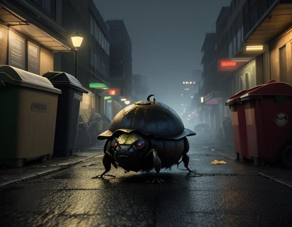 Hyperrealistic Dung Beetle Collects Trash in City