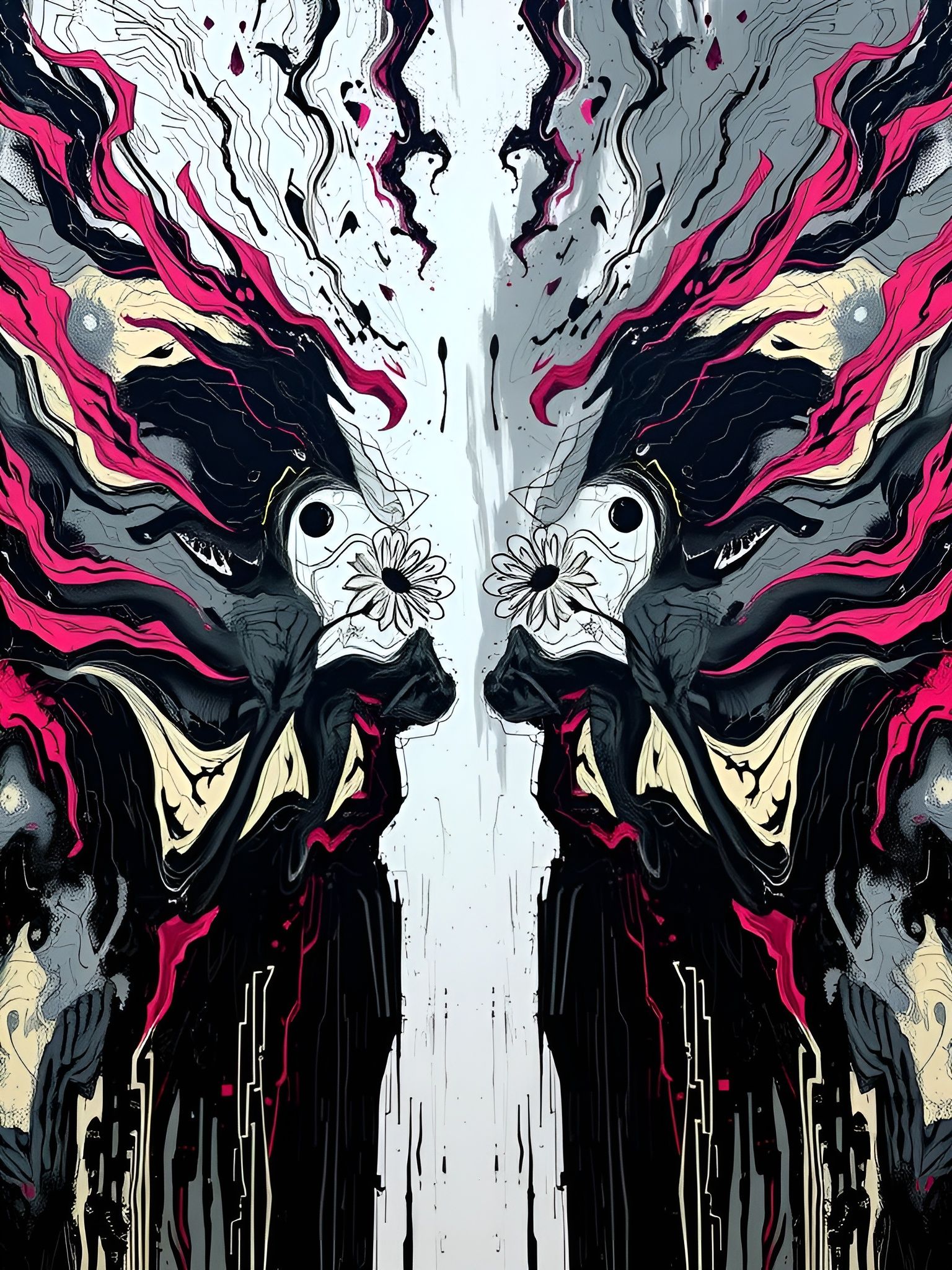 Expressionist Figures Converging with Striking Patterns